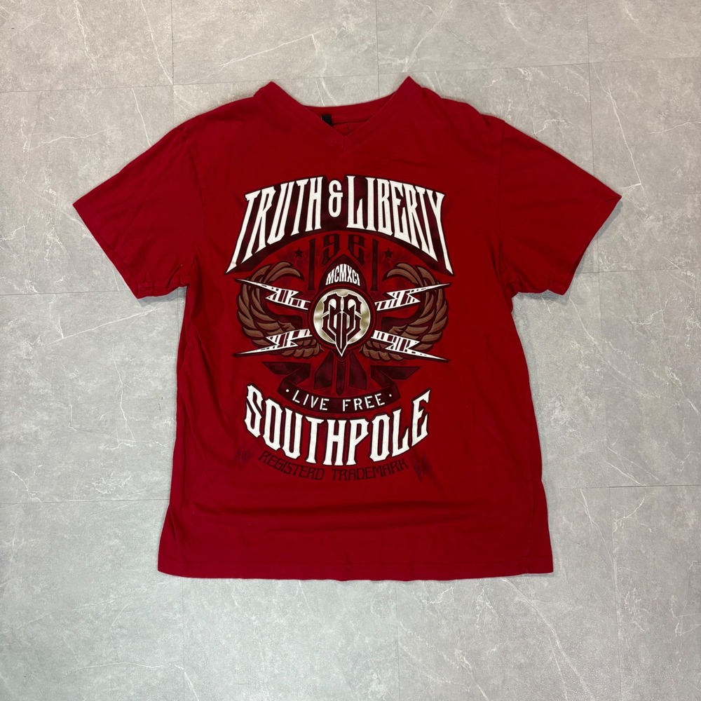 Southpole Mens Red Truth & Liberty Graphic V-Neck T-Shirt Large Streetwear